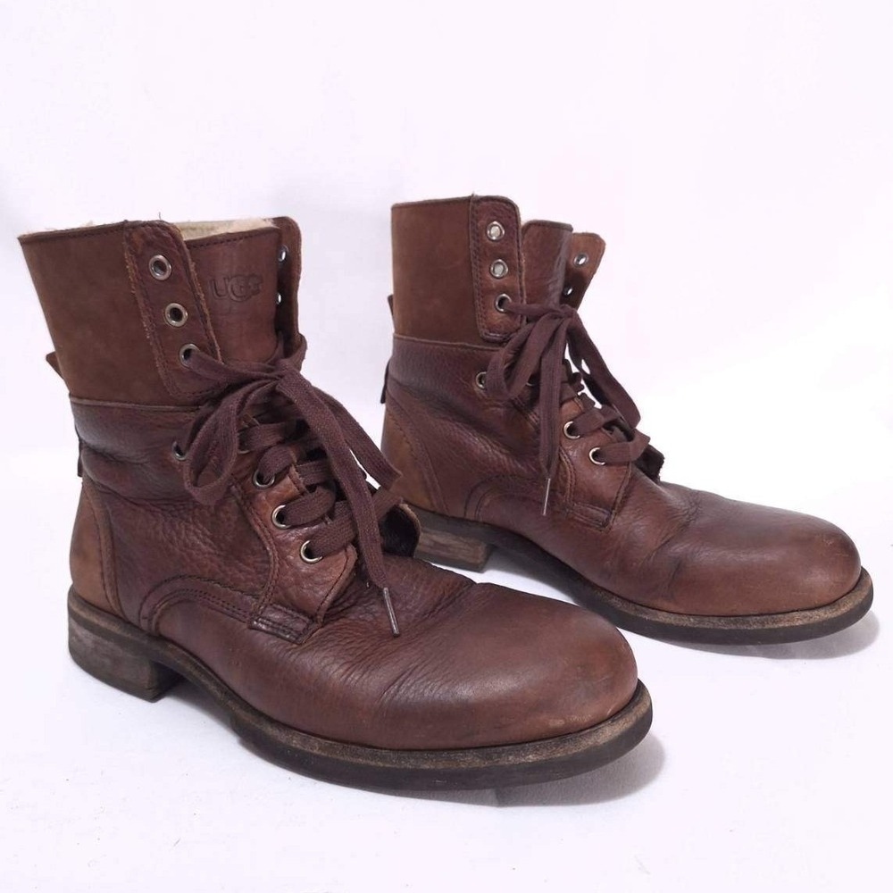 Ugg Larus Grizzly Leather Combat Boots Men 7.5 Shearling Lined Lace Up Moto